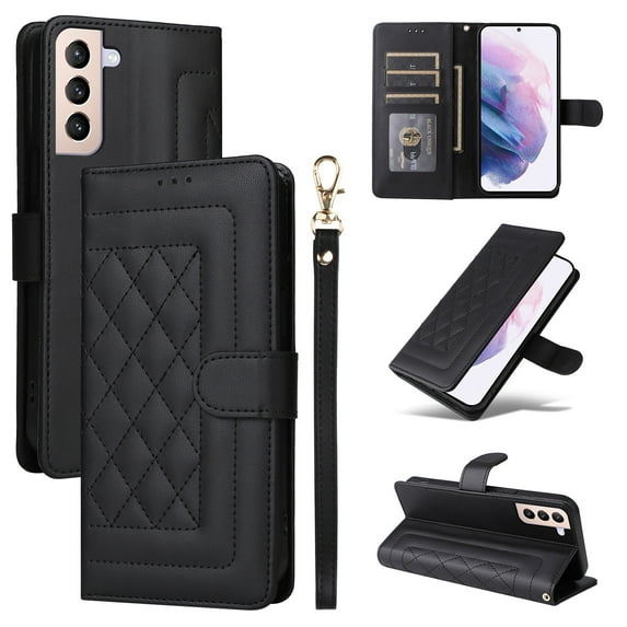 for Samsung Galaxy S21 FE Thin Fit Case Cover, Premium PU Leather Magnetic Wallet Flip Case with Stand Bracket Holder Flip Cover with Card Slots and Wrist Strap for Galaxy S21 FE - Black