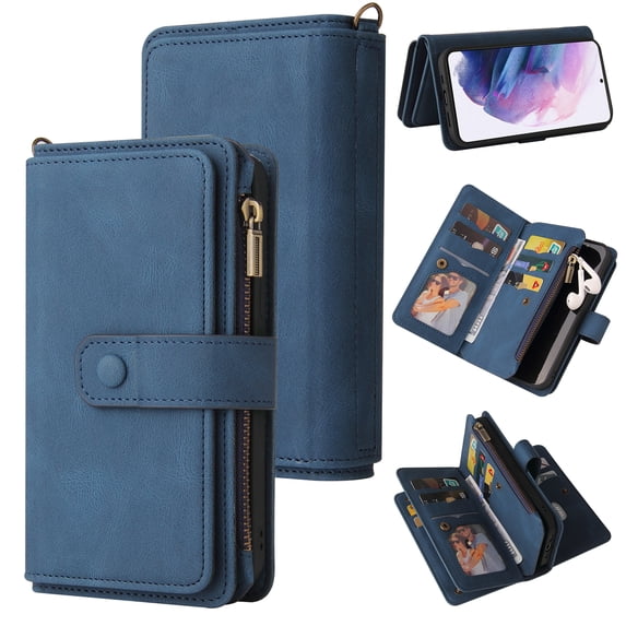 for Samsung Galaxy S21 FE Wallet Case, Classic PU Leather Wrist Strap PU Leather Kickstand Card Slots Heavy Duty Protection Zipper Pocket Rugged Phone Case Cover for Samsung Galaxy S21 FE, Blue