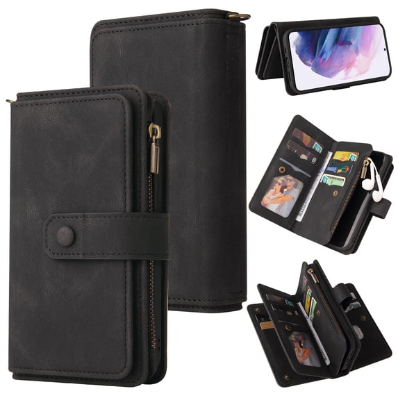 for Samsung Galaxy S21 FE Wallet Case, Classic PU Leather Wrist Strap PU Leather Kickstand Card Slots Heavy Duty Protection Zipper Pocket Rugged Phone Case Cover for Samsung Galaxy S21 FE, Black