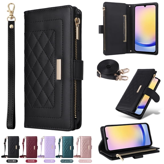 for Samsung Galaxy S21 FE Wallet Case with RFID Blocking Card Holder, Kickstand Feature PU Leather Case with Adjustable Crossbody & Short Lanyard Magnetic Clasp Zipper Pocket Flip Cover,Black