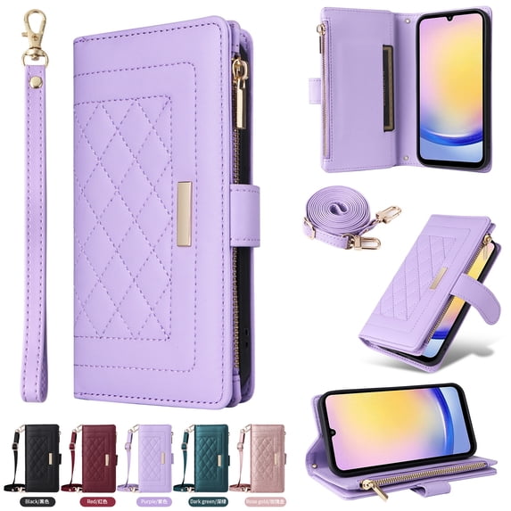 for Samsung Galaxy S21 FE Wallet Case with RFID Blocking Card Holder, Kickstand Feature PU Leather Case with Adjustable Crossbody & Short Lanyard Magnetic Clasp Zipper Pocket Flip Cover,Purple