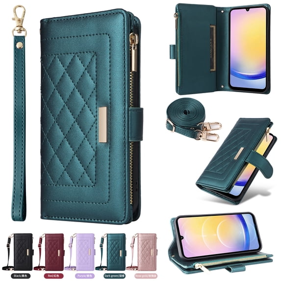 for Samsung Galaxy S21 FE Wallet Case with RFID Blocking Card Holder, Kickstand Feature PU Leather Case with Adjustable Crossbody & Short Lanyard Magnetic Clasp Zipper Pocket Flip Cover,Darkgreen