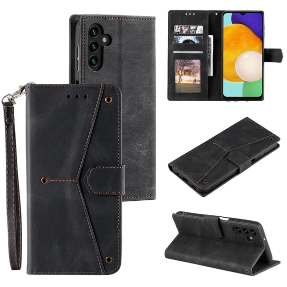 For Samsung Galaxy S21 FE Wallet Case with Wrist Strap, Premium PU Leather Flip Protective Cover RFID Blocking Card Holder & Cash Slot,Magnetic Closure Flip Kickstand Function for Men Women,Black