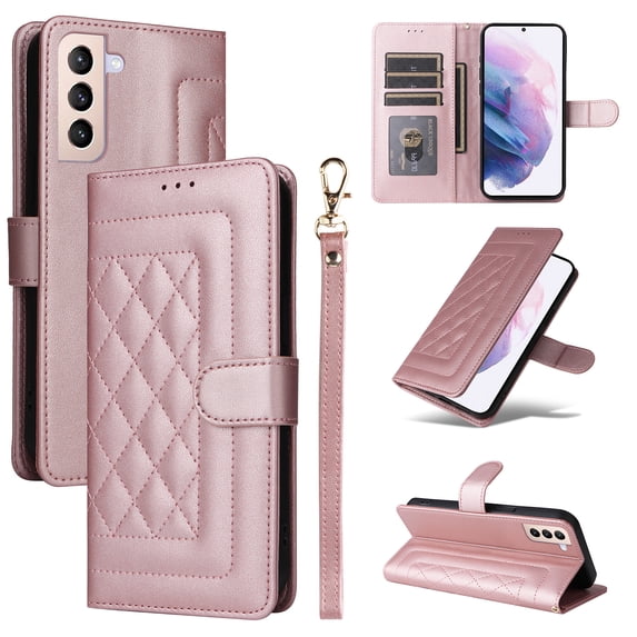 for Samsung Galaxy S21 FE Wallet Flip Case, Classic PU Leather Card Slots with Lanyard Magnetic Closure Kickstand Drop Protective Soft TPU Inner Case Cover for Samsung Galaxy S21 FE, Rosegold