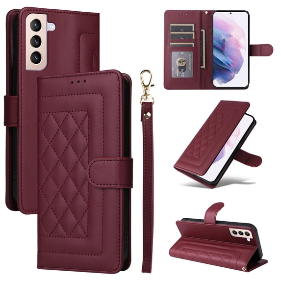 for Samsung Galaxy S21 FE Wallet Flip Case, Classic PU Leather Card Slots with Lanyard Magnetic Closure Kickstand Drop Protective Soft TPU Inner Case Cover for Samsung Galaxy S21 FE, Winered