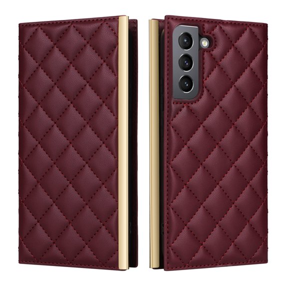 For Samsung Galaxy S21 FE Wallet Phone Case,PU Leather Folio Flip Kickstand,With Wrist Strap&Shoulder Strap,Card Slots,Shockproof Rugged Anti-fall Crossbody Phone Case Cover,Winered