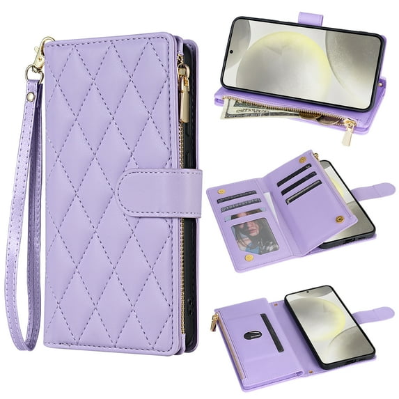 for Samsung Galaxy S21 FE Wallet case with Card Holder,Phone case RFID Blocking PU Leather Flip Shockproof Cover with Hand Strap Zipper Credit Card Holder Slots for Women Men,Purple