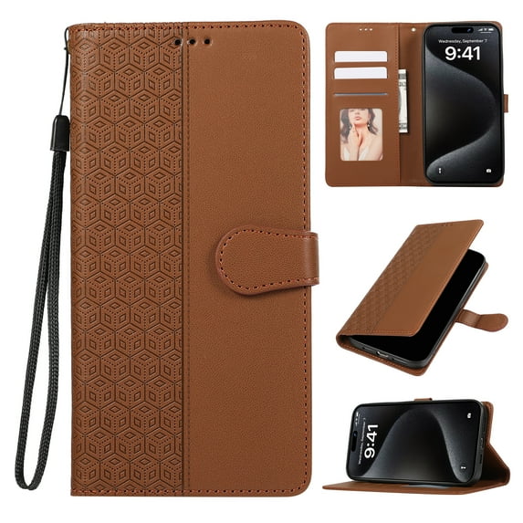 for Samsung Galaxy S21 Phone Case Wallet Card Holder, PU Leather Kickstand Flip Cases Wrist Strap Magnetic Closure Shockproof Embossed Protective Book Cover for Samsung Galaxy S21, Brown
