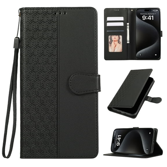 for Samsung Galaxy S21 Phone Case Wallet Card Holder, PU Leather Kickstand Flip Cases Wrist Strap Magnetic Closure Shockproof Embossed Protective Book Cover for Samsung Galaxy S21, Black