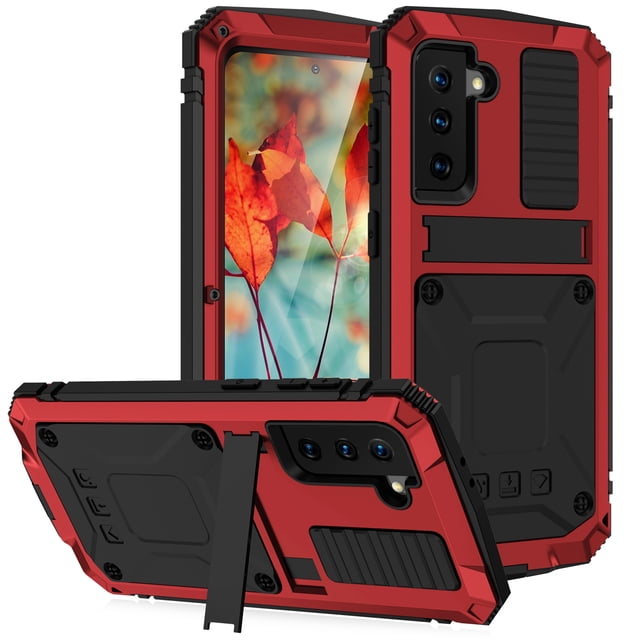 Samsung Galaxy S21 Plus 2021 Metal Case with Screen Protector, Dteck Outdoor Sports Military Heavy Duty Shockproof Sturdy Full Cover Hybrid Aluminum Metal Hard Case with Kickstand, Red