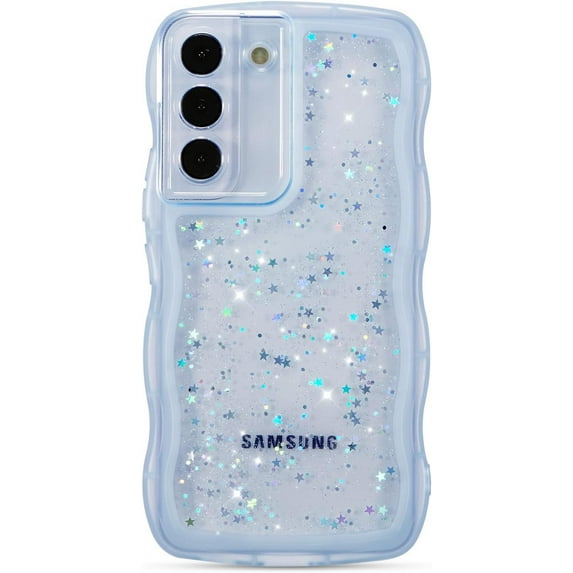 for Samsung Galaxy S21 Plus 5G Case 6.7",Cute Curly Wave Case with Star Glitter,Clear Shiny Bling Soft TPU Shockproof Phone Protecive Case for Women Girls-Blue