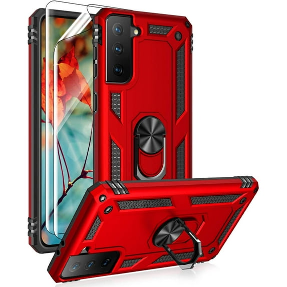 For Samsung Galaxy S21 Plus 5G Case, S21+ (NOT Fit S21) Case with HD Screen Protectors, Military-Grade Metal Ring Holder Kickstand 15ft Drop Tested Shockproof Cover Case for Galaxy S21 Plus Red