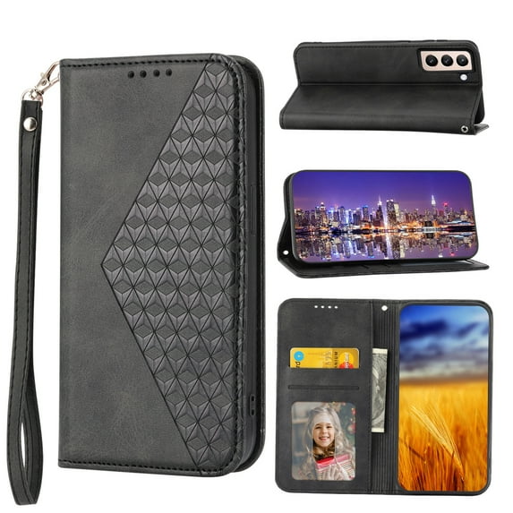 for Samsung Galaxy S21 Plus 5G Flip Cover, Luxury PU Leather Shockproof Folding Kickstand Card Holder Pocket Wallet Wrist Strap Handbag Magnetic Phone Case for Samsung S21 Plus 6.7 inch, Black