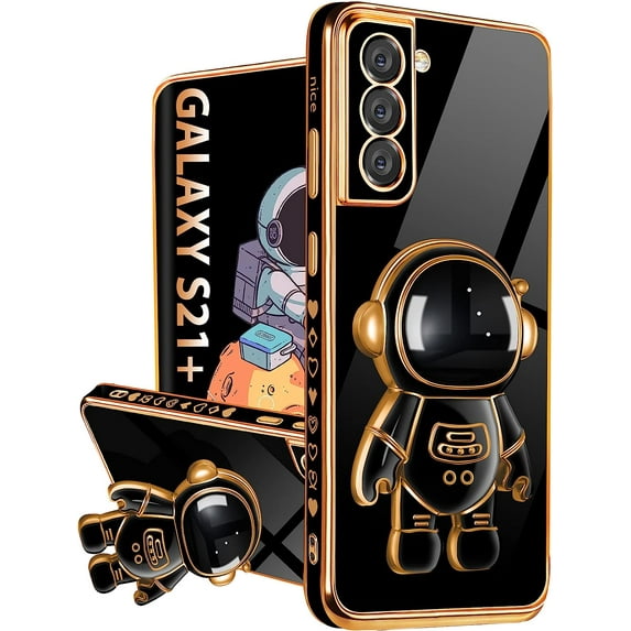 for Samsung Galaxy S21 Plus Case with Astronaut Stand, Women Girls for Galaxy S21 Plus Cases, Girly Cute 6D Space Astronaut Hidden Kickstand Design Phone Cover for S21 Plus 6.7 Inch Black