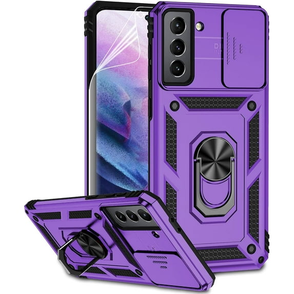 for Samsung Galaxy S21 Plus Case with Camera Lens Cover HD Screen Protector, Military-Grade Drop Tested Magnetic Ring Holder Kickstand Protective Phone Case for Samsung Galaxy S21+ Plus 5G (Purple)