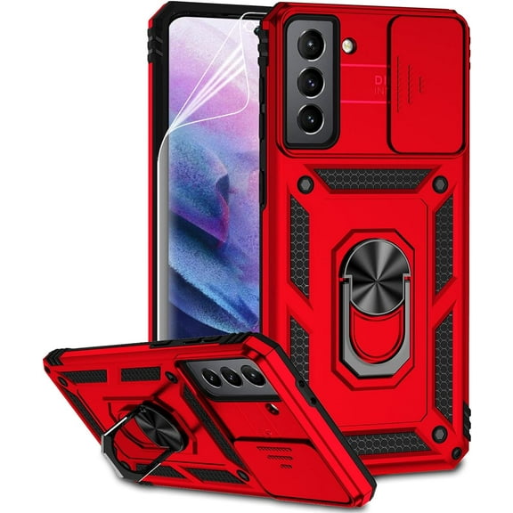 for Samsung Galaxy S21 Plus Case with Camera Lens Cover HD Screen Protector, Military-Grade Drop Tested Magnetic Ring Holder Kickstand Protective Phone Case for Samsung Galaxy S21  Plus 5G (Red)