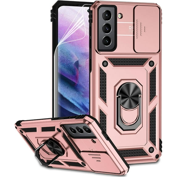 for Samsung Galaxy S21 Plus Case with Camera Lens Cover HD Screen Protector, Military-Grade Drop Tested Magnetic Ring Holder Kickstand Protective Phone Case for Samsung Galaxy S21+ Plus 5G (Rose Gold)