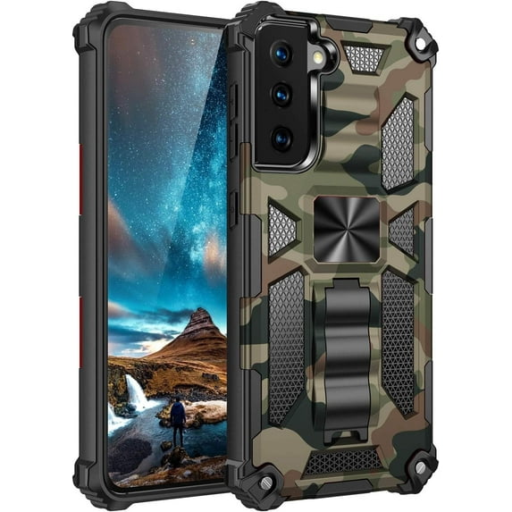 Samsung Galaxy S21 Plus Case, Camouflage Sturdy Phone Case with Heavy Duty Shockpro of Military Grade Anti-Fall Protection and Built-in Magnetic Cover for Samsung Galaxy S21 Plus MC Army Green