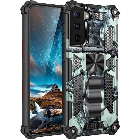 Samsung Galaxy S21 Plus Case, Camouflage Sturdy Phone Case with Heavy Duty Shockpro of Military Grade Anti-Fall Protection and Built-in Magnetic Cover for Samsung Galaxy S21 Plus MC Mint Green