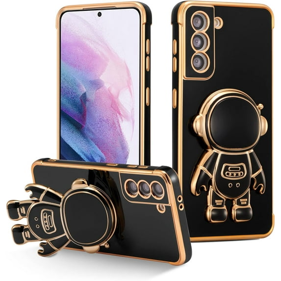 for Samsung Galaxy S21 Plus Case Cute 6D Astronaut Case with Stand Function Luxury Plating Case Cover Slim Fit Soft TPU Shockproof Bumper Protective Electroplated Case for Girls Boys,Black