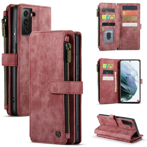 Samsung Galaxy S21 Plus Case,Dteck Magnetic Wallet Case Premium Durable PU Leather Zipper Pocket Card Holder Kickstand Phone Protective Cover for Galaxy S21+,Red