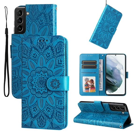 for Samsung Galaxy S21 Plus Case,Premium PU Leather Wallet Case Sunflower Embossed with Wrist Strap Card Slots and Kickstand Flip Cover for Samsung Galaxy S21 Plus 6.7 inch,Blue