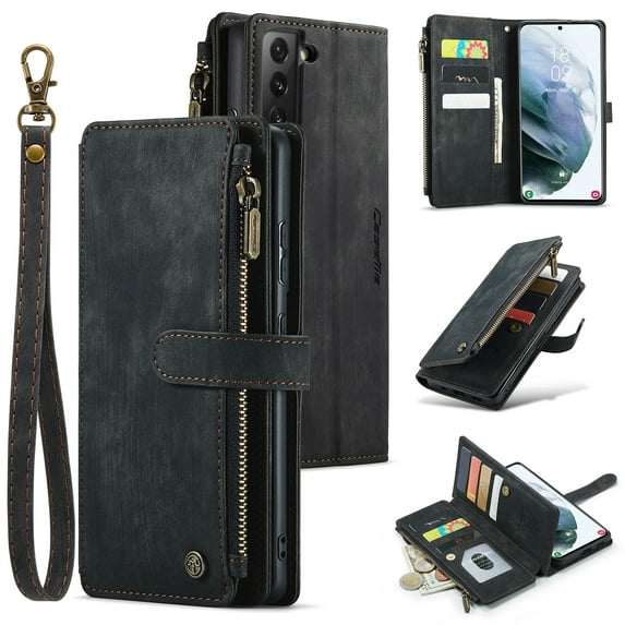 for Samsung Galaxy S21 Plus Case Wallet for Women and Men, Samsung Galaxy S21 Plus Case, PU Leather Magnetic Flip Strap Wristlet Zipper Card Holder Wallet Business Phone Cover for S21 Plus, Black