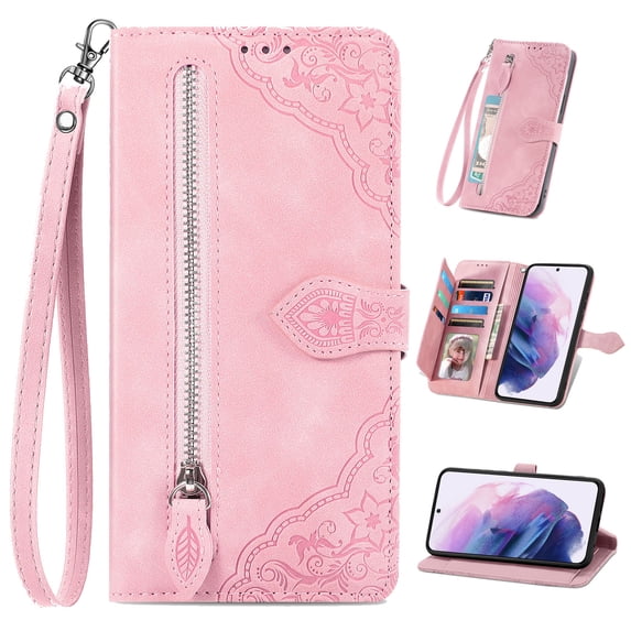 for Samsung Galaxy S21 Plus Case for Women,Cute Wallet Case with Zipper Pocket Purse Flower Embossed PU Leather Card Slots Wrist Strap Flip Folio Protective Phone Cover for Galaxy S21 Plus, Pink
