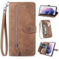 thumbnail image 1 of for Samsung Galaxy S21 Plus Case for Women,Cute Wallet Case with Zipper Pocket Purse Flower Embossed PU Leather Card Slots Wrist Strap Flip Folio Protective Phone Cover for Galaxy S21 Plus, Brown, 1 of 11