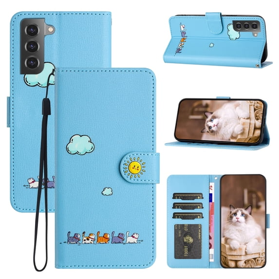 for Samsung Galaxy S21 Plus Lovely Cartoon Pattern Wallet Flip PU Leather Case, with Wrist Strap / Credit Card Slots / Photo Slot / Cash Pocket Kickstand Cute Phone Cover for Galaxy S21 Plus, Blue