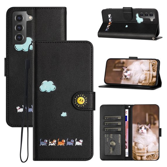 for Samsung Galaxy S21 Plus Lovely Cartoon Pattern Wallet Flip PU Leather Case, with Wrist Strap / Credit Card Slots / Photo Slot / Cash Pocket Kickstand Cute Phone Cover for Galaxy S21 Plus, Black