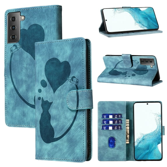 for Samsung Galaxy S21 Plus Phone Case Wallet Flip Cases,Cute Cat & Heart Patterned,Retro PU Leather Kickstand,Card Holder,Wrist Strap,Magnetic Closure,Shockproof Cover, Blue