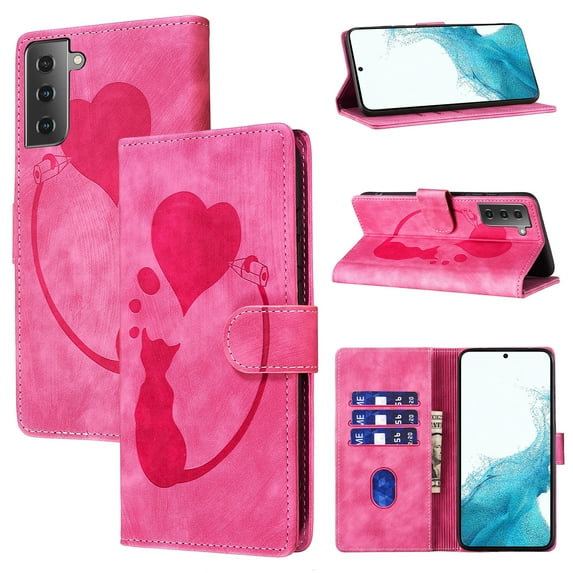 for Samsung Galaxy S21 Plus Phone Case Wallet Flip Cases,Cute Cat & Heart Patterned,Retro PU Leather Kickstand,Card Holder,Wrist Strap,Magnetic Closure,Shockproof Cover, Rose