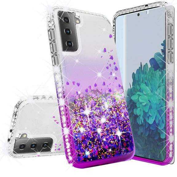 Samsung Galaxy S21 Plus/S21+ Case w/ TPU Screen Protector Liquid Quicksand Glitter Cute Bling Girls Women [Shock Proof] for Samsung Galaxy S21 Plus/S21+ - Clear/Purple
