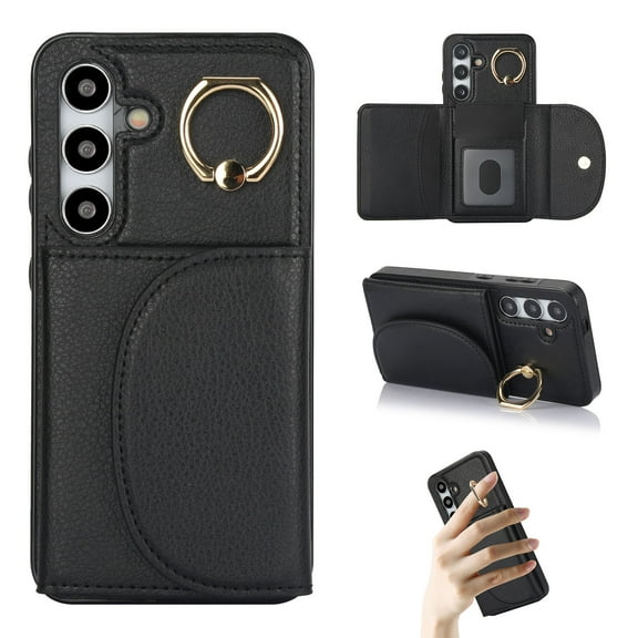 for Samsung Galaxy S21 Plus Wallet Case with Card Holder Women Men, Flip PU Leather Kickstand Shockproof Protective Phone Cover Magnetic Clasp 360 Rotation Ring Stand for Samsung S21 Plus, Black