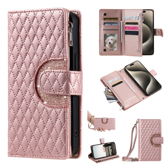 for Samsung Galaxy S21 Plus Wallet Case, Classic PU Leather Phone Case for Women Men with Zipper Credit Card Holder Wrist Strap Crossbody Strap Shockproof Flip Case for S21 Plus, Rosegold
