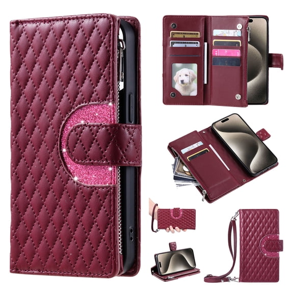 for Samsung Galaxy S21 Plus Wallet Case, Classic PU Leather Phone Case for Women Men with Zipper Credit Card Holder Wrist Strap Crossbody Strap Shockproof Flip Case for S21 Plus, Winered