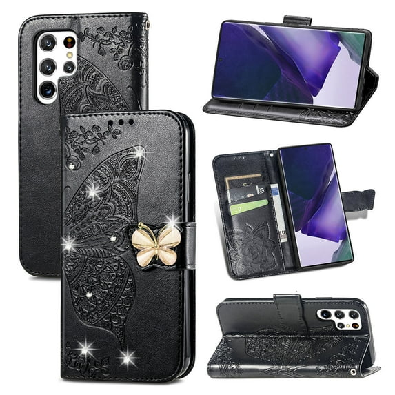 Samsung Galaxy S21 Plus Wallet Case, Mantto Bling Butterfly Flower PU Leather Flip Phone Cover Credit Cards Slot Shockproof Protective Kickstand Case for Samsung Galaxy S21 Plus, Black