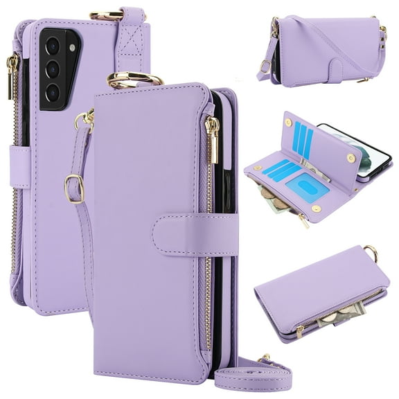 for Samsung Galaxy S21 Plus Wallet Case, Multi-Functional Zipper Purse Case with Card Holders, RFID Blocking Full Case, Shoulder Strap Wristband Crossbody Cover for Samsung Galaxy S21 Plus, Violet