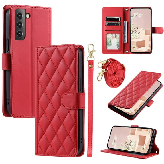 for Samsung Galaxy S21 Plus Wallet Case, Premium PU Leather Magnetic Flip Folio Case with Wrist Strap Credit Card Holder for Women Men Crossbody Strap Case Cover for Samsung Galaxy S21 Plus, Red