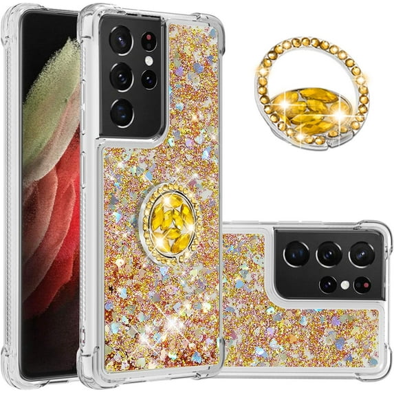 Samsung Galaxy S21 Ultra 5G 6.8" Case,Creativity Clear Quicksand Glitter Flowing Liquid Floating Soft TPU Case w/Stand Bling Diamond Sparkle Phone Cover for Galaxy S21 Ultra Colorful Gold