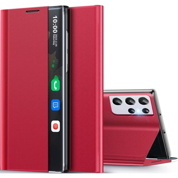for Samsung Galaxy S21 Ultra 5G Case Clear View Window Smart Slim for Samsung S21 Ultra Case Luxury Mirror Hard PC Kickstand Leather Flip Shockproof Galaxy S21 Ultra Cover (True Red)