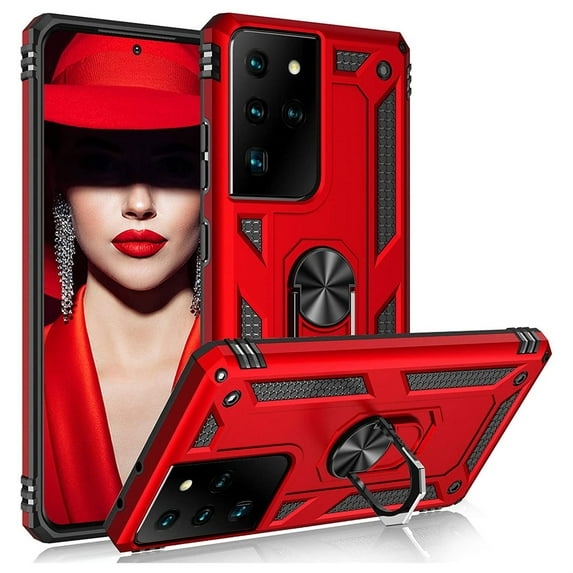 Samsung Galaxy S21 Ultra 5G Case, Dteck Hybrid Rugged Shockproof Case with 360 Degree Rotation Ring Holder Finger Kickstand for Samsung Galaxy S21 Ultra,Red