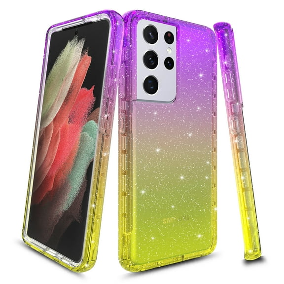 Samsung Galaxy S21 Ultra 5G Case, Rosebono Hybrid Bling Glitter Sparkle Gold Purple Gradient Transparent Fashion Cute Colorful TPU Skin Cover Case for Samsung Galaxy S21 Ultra 5G