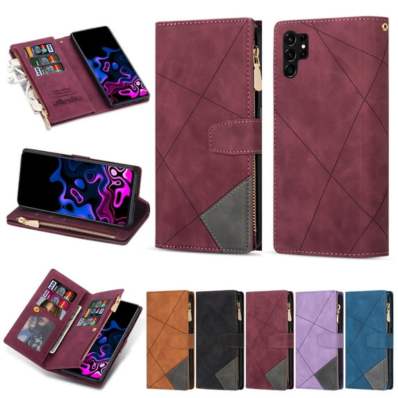 for Samsung Galaxy S21 Ultra 5G Case Zipper Wallet with 9 Card Holder, S21 Ultra Case for Women Men, Strap Wristlet Wristband Magnetic Flip Phone Cover for Samsung S21 Ultra 5G 6.8", Winered