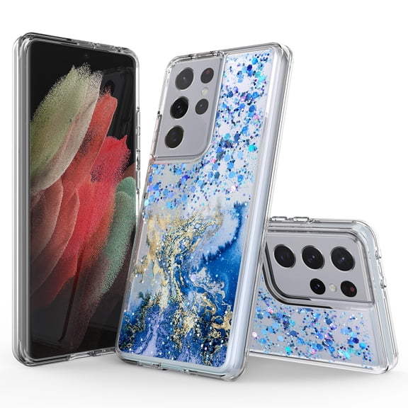 Samsung Galaxy S21 Ultra 5G Phone Case, Rosebono Hybrid Bling Glitter Sparkle Epoxy Graphic Marble Colorful Silicone Skin Cover Armor Case for Samsung Galaxy S21 Ultra 5G (Blue)