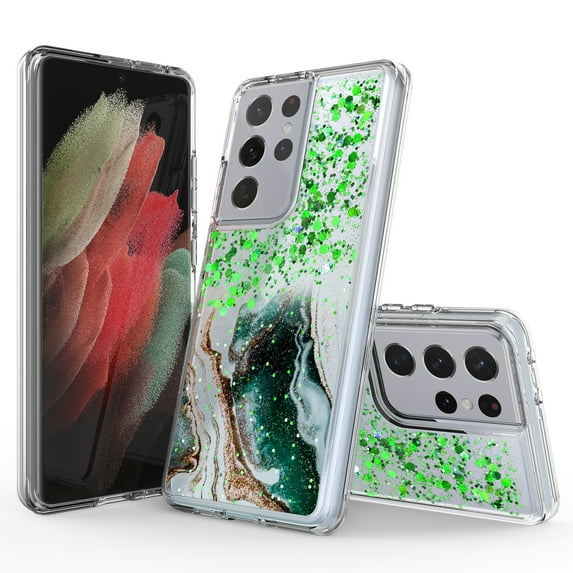 Samsung Galaxy S21 Ultra 5G Phone Case, Rosebono Hybrid Bling Glitter Sparkle Epoxy Graphic Marble Colorful Silicone Skin Cover Armor Case for Samsung Galaxy S21 Ultra 5G (Green)