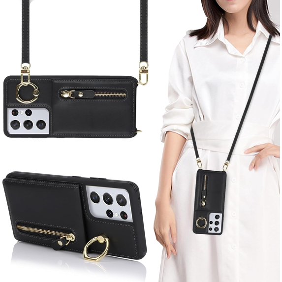 for Samsung Galaxy S21 Ultra 5G Phone Case for Women with Card Holder,Samsung S21 Ultra Case Wallet Crossbody Lanyard with Strap,Credit Card Slots Kickstand Case with Ring Holder,6.8 Inch,Black