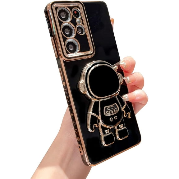 Samsung Galaxy S21 Ultra 5g 6.8" 6D Plating Cute Astronaut Hidden Kickstand Phone Case Luxury Cute Heart Pattren Camera Protection Cover Soft Silicone Shockproof Stand Holder Bumper (Black)
