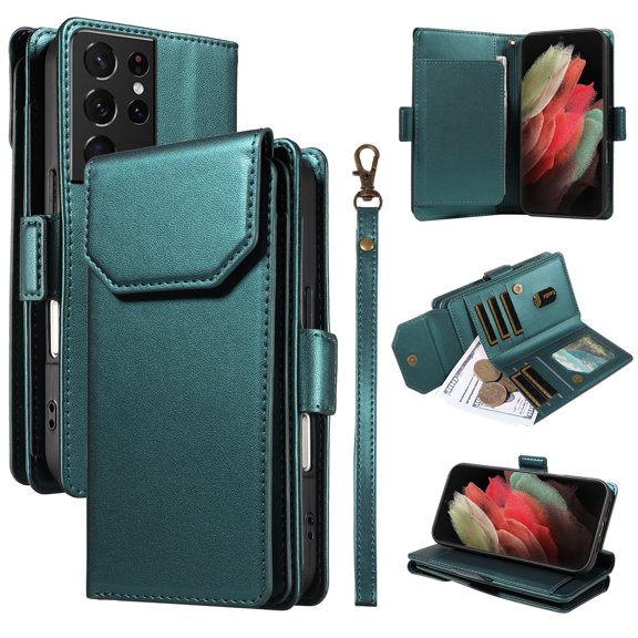 for Samsung Galaxy S21 Ultra Case with 11 Card Slots & 2 Cash Pockets for Woman Man,PU Leather Flip Kickstand Folio [RFID Blocking] Wallet Case, Wrist Strap Magnetic Clasp Protective Cover,Green